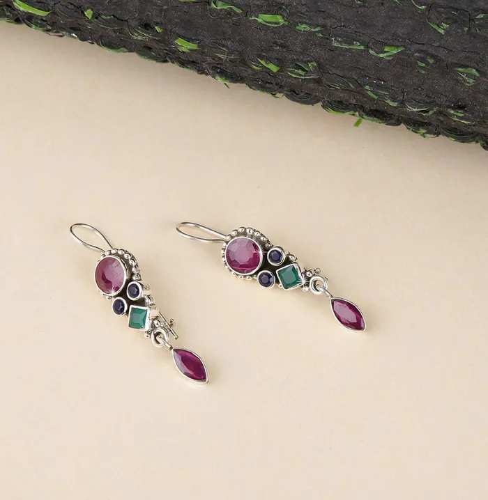 Yellow Chimes Yellow Chimes 925925 Sterling Silver Turquoise Ruby Cubic Zirconia Emerald Stone Fashion Dangle Drop Earring for Women and Girls Necklaces