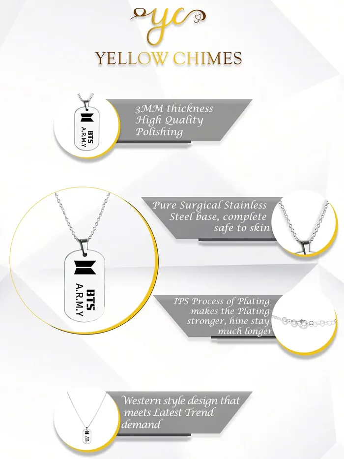 Yellow Chimes Yellow Chimes BTS Pendant for Women Silver Chain Pendant Stainless Steel 3 mm BTS Army Dog Tag Pendant Necklace for Men and Boys Necklaces
