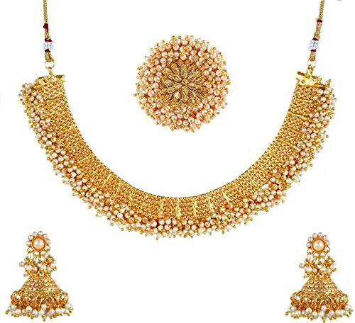 Yellow Chimes Yellow Chimes Exclusive Gold Plated Studded Pearl Antique Look Ethnic Traditional Choker Necklace Set with Ring and Earrings Jewellery Set for Women and Girls Rings Yellow Chimes Yellow Chimes Exclusive Gold Plated Studded Pearl Antique Look Ethnic Traditional Choker Necklace Set with Ring and Earrings Jewellery Set for Women and Girls Rings