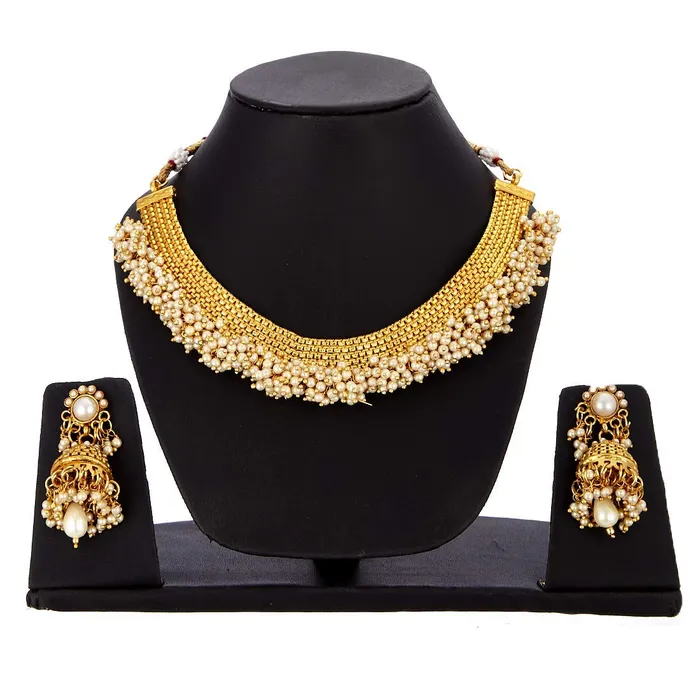 Yellow Chimes Yellow Chimes Exclusive Gold Plated Studded Pearl Antique Look Ethnic Traditional Choker Necklace Set with Ring and Earrings Jewellery Set for Women and Girls Rings