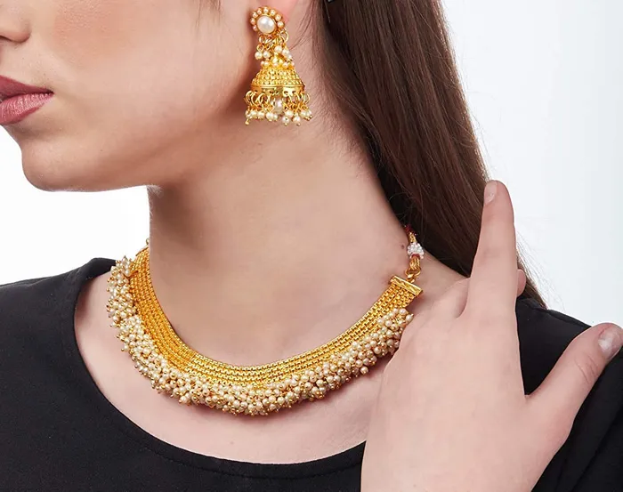 Yellow Chimes Yellow Chimes Exclusive Gold Plated Studded Pearl Antique Look Ethnic Traditional Choker Necklace Set with Ring and Earrings Jewellery Set for Women and Girls Rings