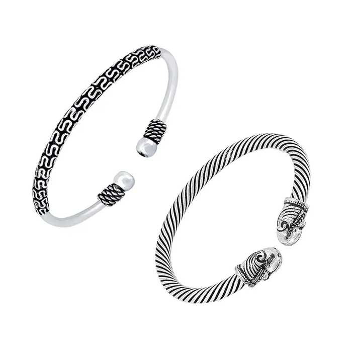 Yellow Chimes Yellow Chimes German Silver Oxidised Combo Of 2 Pcs Designer Peacock Vintage Tribal Look Open Kadaa Bangle Bracelet for Women And Girls Earrings
