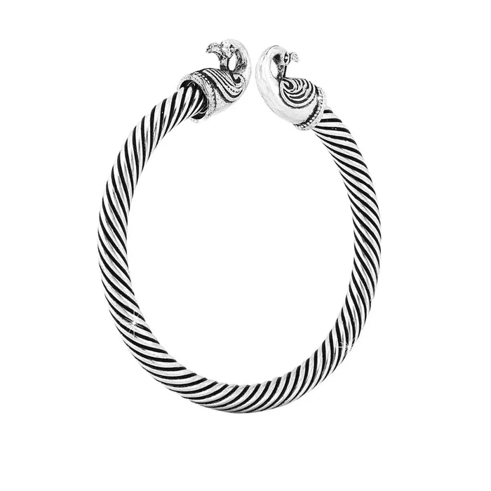 Yellow Chimes Yellow Chimes German Silver Oxidised Combo Of 2 Pcs Designer Peacock Vintage Tribal Look Open Kadaa Bangle Bracelet for Women And Girls Earrings