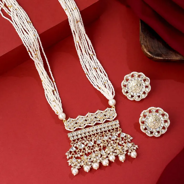 Yellow Chimes Yellow Chimes Jewellery Set for Women and Girls Traditional Kundan Necklaces Set Gold Plated Moti Beads Beaded Kundan Set Birthday Gift for girls and women Anniversary Gift for Wife Rings
