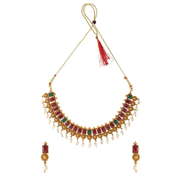 Yellow Chimes Yellow Chimes Jewellery Set for Women Gold Plated Beads Drop Designed Bridal Choker Necklace Set for Women and Girls Style7 Earrings