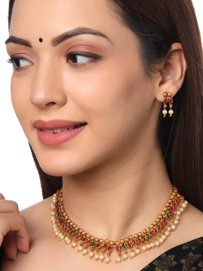 Yellow Chimes Yellow Chimes Jewellery Set for Women Gold Plated Beads Drop Designed Crystals Studded Bridal Choker Necklace Set for Women and Girls Necklaces