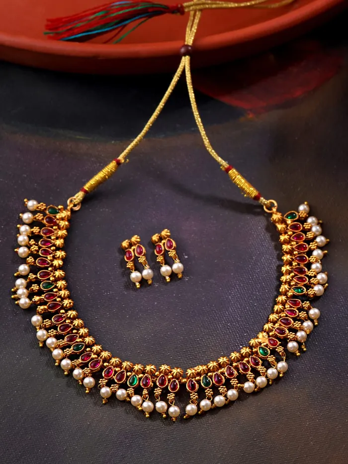 Yellow Chimes Yellow Chimes Jewellery Set for Women Gold Plated Beads Drop Designed Crystals Studded Bridal Choker Necklace Set for Women and Girls Necklaces