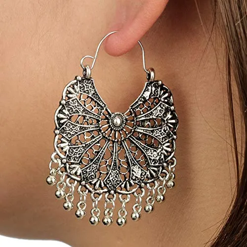 Yellow Chimes Yellow Chimes Oxidised Silver Traditional Chandbali Hoop Earrings For Women Girls Necklaces