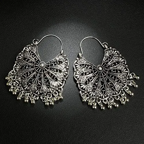 Yellow Chimes Yellow Chimes Oxidised Silver Traditional Chandbali Hoop Earrings For Women Girls Necklaces