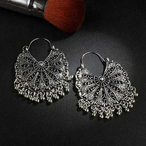 Yellow Chimes Yellow Chimes Oxidised Silver Traditional Chandbali Hoop Earrings For Women Girls Necklaces