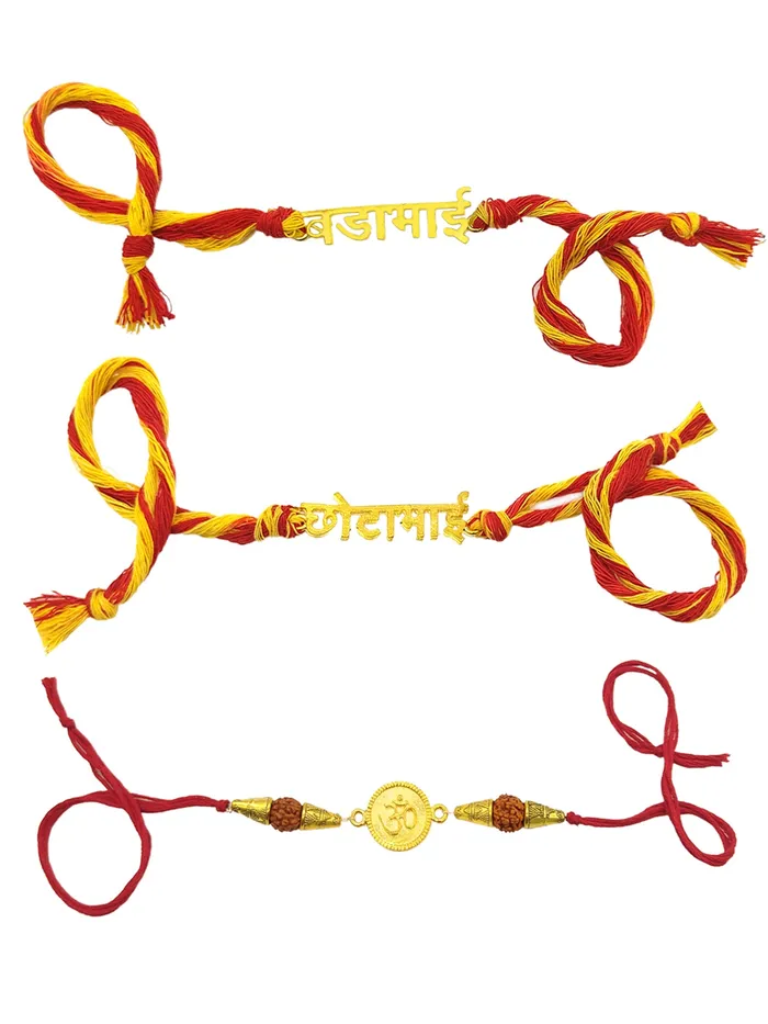 Yellow Chimes Yellow Chimes Rakhi for Brother Combo of 3 Rakhi Set for Brother Traditional Gold Plated Rakhi Set for Brother and Sister Rakhi with Roli Chawal and Greeting Card Rings