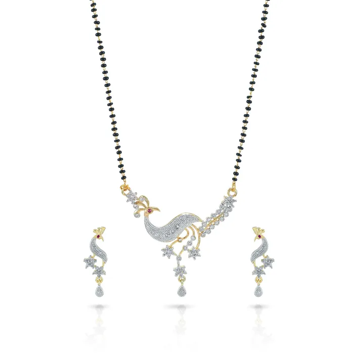 Yellow Chimes Yellow Chimes Sparkling ADAmerican Diamond Studded Ethnic Traditional Black Beads Peacock Mangalsutra Pendant Set with Earrings for Women Earrings Yellow Chimes Yellow Chimes Sparkling ADAmerican Diamond Studded Ethnic Traditional Black Beads Peacock Mangalsutra Pendant Set with Earrings for Women Earrings