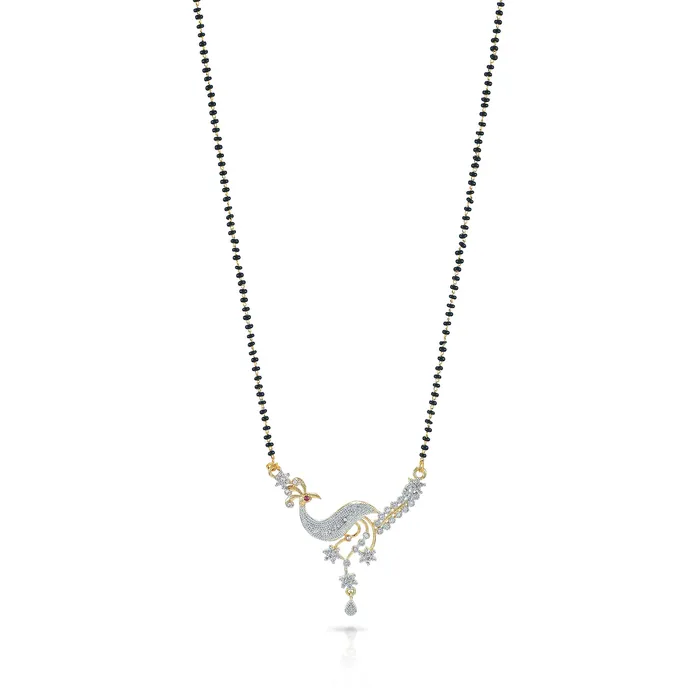 Yellow Chimes Yellow Chimes Sparkling ADAmerican Diamond Studded Ethnic Traditional Black Beads Peacock Mangalsutra Pendant Set with Earrings for Women Earrings