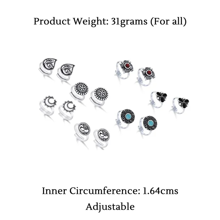 Yellow Chimes Yellow Chimes Toe Rings Set for Women Oxidised Silver Toe Rings 7 Pairs Combo German Silver Adjustable Toe Ring for Women and Girls Necklaces