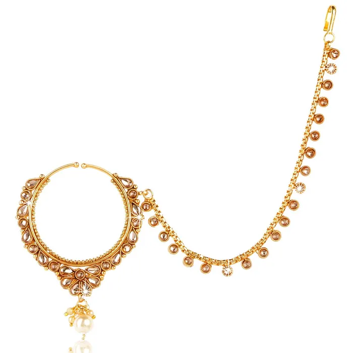 Yellow Chimes Yellow Chimes Traditional Kundan Studded Pearl Gold Tone Bridal Nosepins Nath with Chain for Women Girls Necklaces Yellow Chimes Yellow Chimes Traditional Kundan Studded Pearl Gold Tone Bridal Nosepins Nath with Chain for Women Girls Necklaces