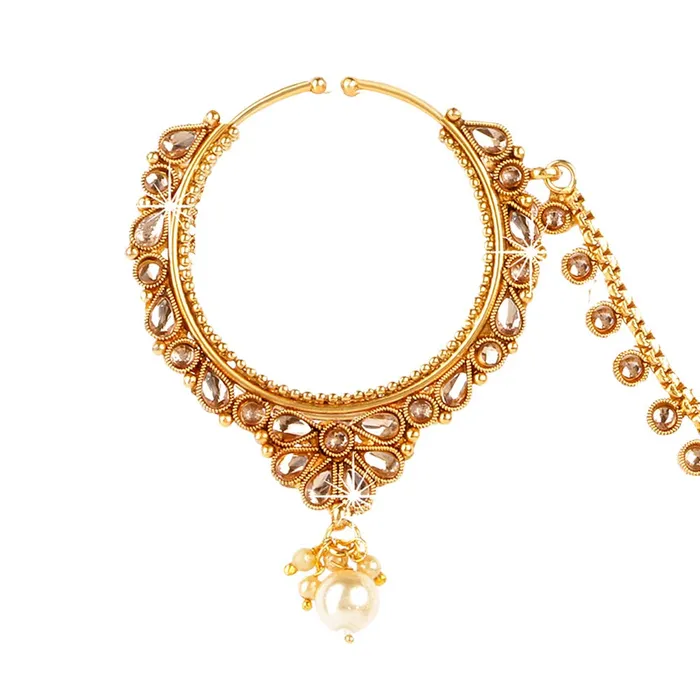 Yellow Chimes Yellow Chimes Traditional Kundan Studded Pearl Gold Tone Bridal Nosepins Nath with Chain for Women Girls Necklaces
