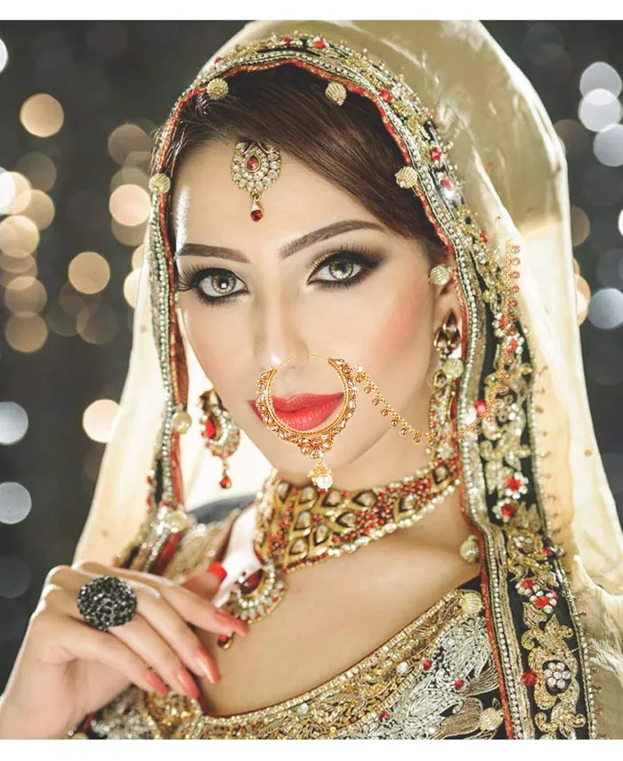 Yellow Chimes Yellow Chimes Traditional Kundan Studded Pearl Gold Tone Bridal Nosepins Nath with Chain for Women Girls Necklaces