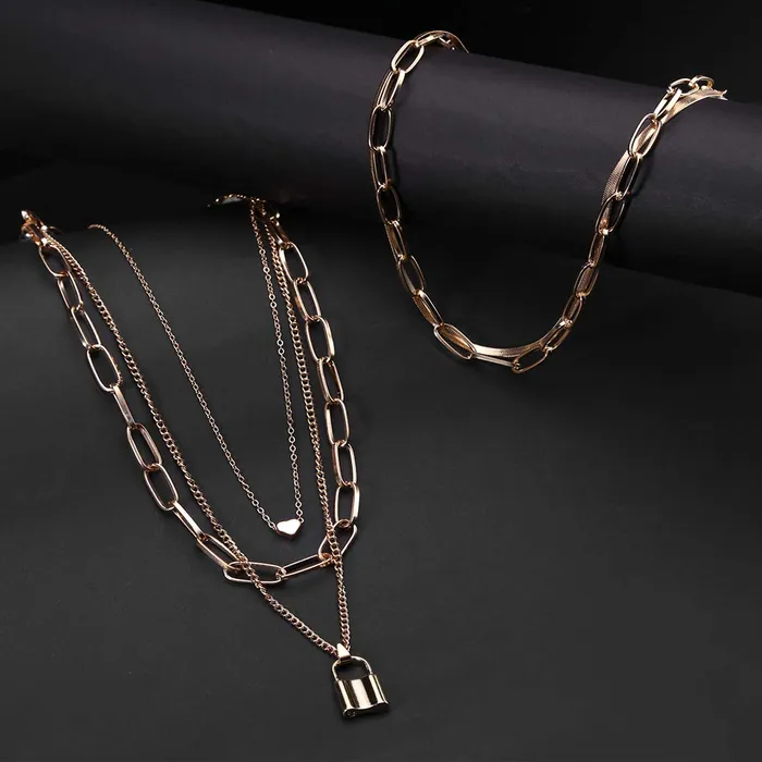 Yellow Chimes Yellow Chimes Trendy Fashion Combo of 2 PCs Multilayer Key Heart Locket GoldenSilver Chain Choker Necklace for Women and Girls Design 3 Necklaces