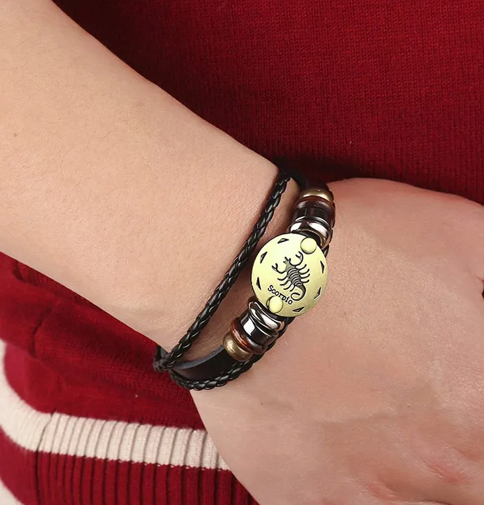 Yellow Chimes Yellow Chimes Zodiac Sign Constellation Handmade Brown Leather Bracelet For Men and WomenUnisex Scorpio Necklaces